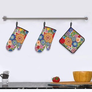 Boho Floral Oven Mitts and Pot Holders Sets of 3, Colorful Flowers Heat Resistant Kitchen Gloves Hot Pads, Chef Baking Gifts for Baker Women Mom Wife, Spring Easter Kitchen Gifts for Cooking Lover