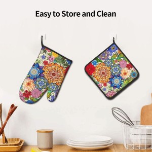 Boho Floral Oven Mitts and Pot Holders Sets of 3, Colorful Flowers Heat Resistant Kitchen Gloves Hot Pads, Chef Baking Gifts for Baker Women Mom Wife, Spring Easter Kitchen Gifts for Cooking Lover