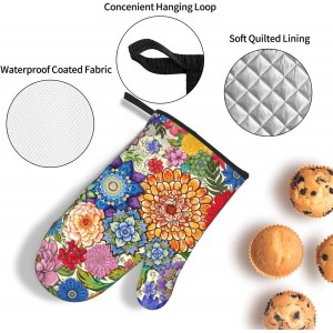 Boho Floral Oven Mitts and Pot Holders Sets of 3, Colorful Flowers Heat Resistant Kitchen Gloves Hot Pads, Chef Baking Gifts for Baker Women Mom Wife, Spring Easter Kitchen Gifts for Cooking Lover