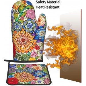 Boho Floral Oven Mitts and Pot Holders Sets of 3, Colorful Flowers Heat Resistant Kitchen Gloves Hot Pads, Chef Baking Gifts for Baker Women Mom Wife, Spring Easter Kitchen Gifts for Cooking Lover