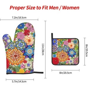 Boho Floral Oven Mitts and Pot Holders Sets of 3, Colorful Flowers Heat Resistant Kitchen Gloves Hot Pads, Chef Baking Gifts for Baker Women Mom Wife, Spring Easter Kitchen Gifts for Cooking Lover
