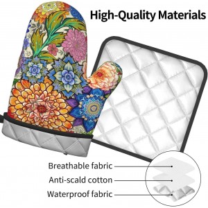 Boho Floral Oven Mitts and Pot Holders Sets of 3, Colorful Flowers Heat Resistant Kitchen Gloves Hot Pads, Chef Baking Gifts for Baker Women Mom Wife, Spring Easter Kitchen Gifts for Cooking Lover