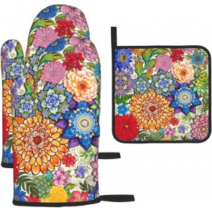 Boho Floral Oven Mitts and Pot Holders S...
