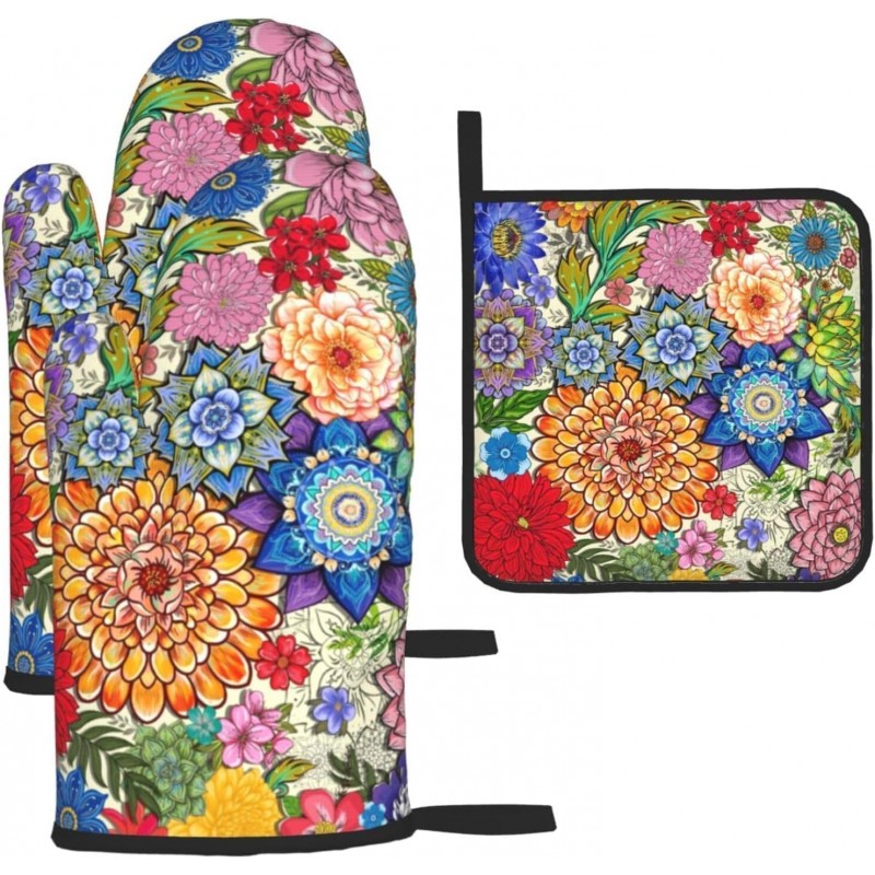 Boho Floral Oven Mitts and Pot Holders Sets of 3, Colorful Flowers Heat Resistant Kitchen Gloves Hot Pads, Chef Baking Gifts for Baker Women Mom Wife, Spring Easter Kitchen Gifts for Cooking Lover