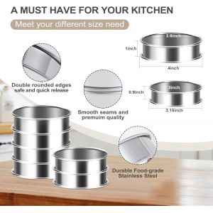 8Pcs Crumpet Rings, 4 & 3.15 Inches Nonstick English Muffin Rings, Stainless Steel Double Rolled Tart Ring, Round Metal Pastry Ring Molds for Baking Cake Dessert Food Making Tool