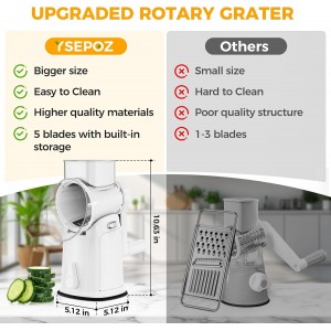 7 IN 1 Upgraded Rotary Cheese Grater with Handle – Vegetable Shredder with Built-in Storage Blade Slot, 5 Versatile Blades, Strong Suction Base Round Mandoline Slicer, Food Chopper for Kitchen