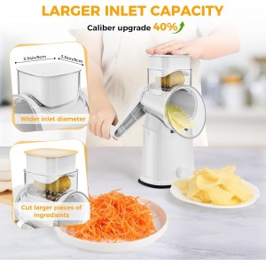 7 IN 1 Upgraded Rotary Cheese Grater with Handle – Vegetable Shredder with Built-in Storage Blade Slot, 5 Versatile Blades, Strong Suction Base Round Mandoline Slicer, Food Chopper for Kitchen