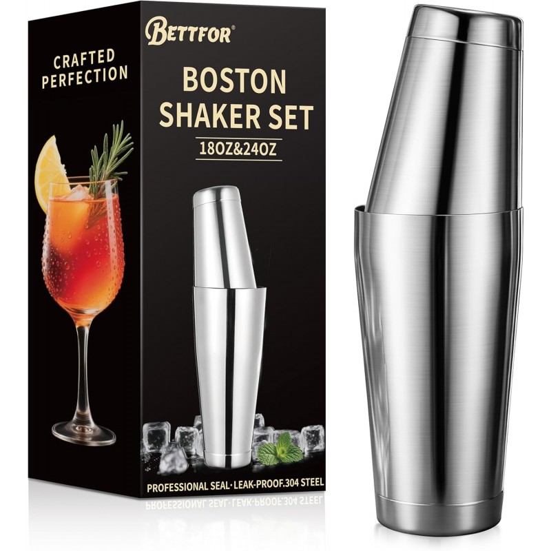 Boston Shaker Set, 18oz & 28oz 2-Piece Tins, Professional 304 Stainless Steel Cocktail Shaker with Leak-Proof Weighted Base for Bartending, Home & Bar Use (Silver)