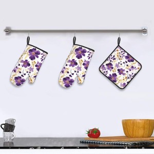 Spring Purple and Gold Floral Oven Mitts and Pot Holders Sets of 3, Non-Slip Heat Resistant Watercolor Flower Design Kitchen Gloves, Gifts for Women Cooking, Elegant Kitchen Decor for Baking Cooking