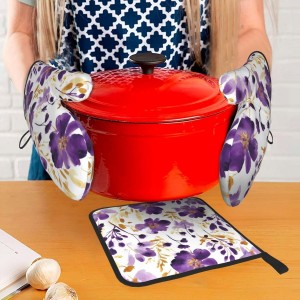 Spring Purple and Gold Floral Oven Mitts and Pot Holders Sets of 3, Non-Slip Heat Resistant Watercolor Flower Design Kitchen Gloves, Gifts for Women Cooking, Elegant Kitchen Decor for Baking Cooking