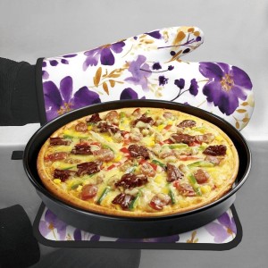 Spring Purple and Gold Floral Oven Mitts and Pot Holders Sets of 3, Non-Slip Heat Resistant Watercolor Flower Design Kitchen Gloves, Gifts for Women Cooking, Elegant Kitchen Decor for Baking Cooking