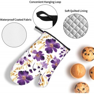 Spring Purple and Gold Floral Oven Mitts and Pot Holders Sets of 3, Non-Slip Heat Resistant Watercolor Flower Design Kitchen Gloves, Gifts for Women Cooking, Elegant Kitchen Decor for Baking Cooking