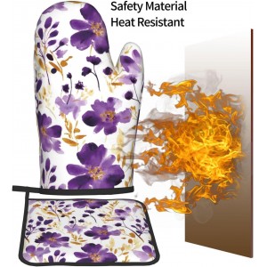 Spring Purple and Gold Floral Oven Mitts and Pot Holders Sets of 3, Non-Slip Heat Resistant Watercolor Flower Design Kitchen Gloves, Gifts for Women Cooking, Elegant Kitchen Decor for Baking Cooking