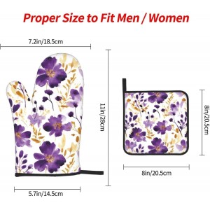 Spring Purple and Gold Floral Oven Mitts and Pot Holders Sets of 3, Non-Slip Heat Resistant Watercolor Flower Design Kitchen Gloves, Gifts for Women Cooking, Elegant Kitchen Decor for Baking Cooking