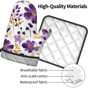 Spring Purple and Gold Floral Oven Mitts and Pot Holders Sets of 3, Non-Slip Heat Resistant Watercolor Flower Design Kitchen Gloves, Gifts for Women Cooking, Elegant Kitchen Decor for Baking Cooking