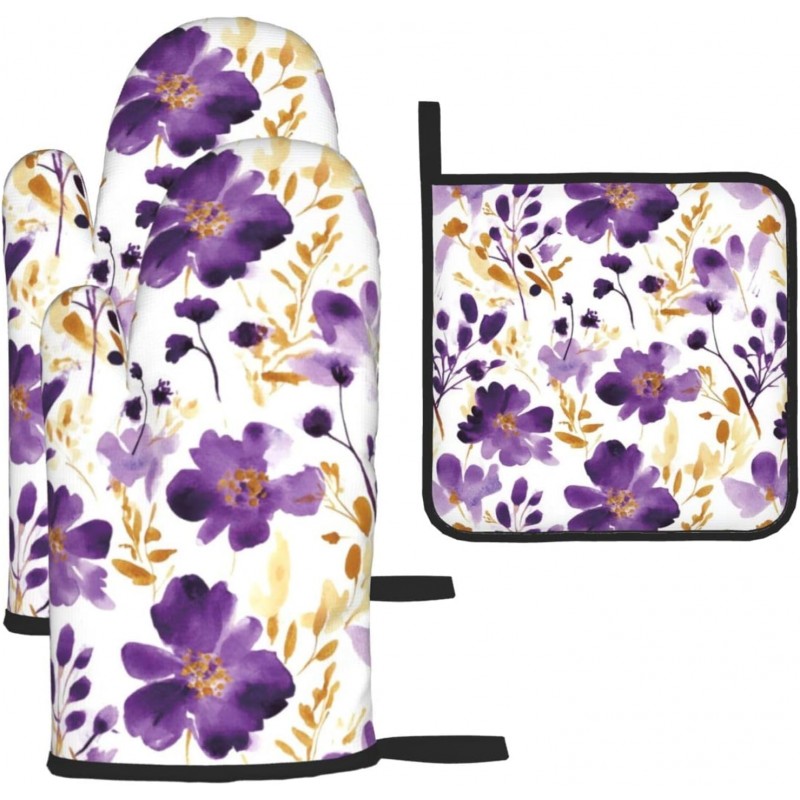 Spring Purple and Gold Floral Oven Mitts and Pot Holders Sets of 3, Non-Slip Heat Resistant Watercolor Flower Design Kitchen Gloves, Gifts for Women Cooking, Elegant Kitchen Decor for Baking Cooking