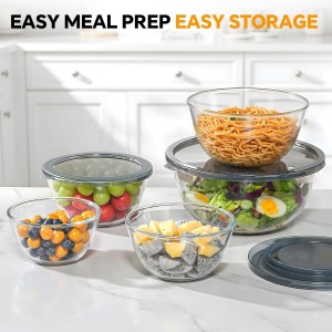 Glass Mixing Bowls with Lids Set of 5(4.78QT,2.2QT,1.7QT,1.1QT,0.85QT),Thick Glass Nesting Bowls for Kitchen Baking,Cooking Prep,Storage,Serving,Large Salad Bowls,Dishwasher Microwave Freezer Safe
