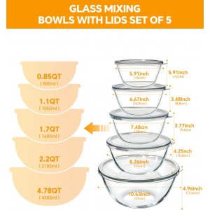 Glass Mixing Bowls with Lids Set of 5(4.78QT,2.2QT,1.7QT,1.1QT,0.85QT),Thick Glass Nesting Bowls for Kitchen Baking,Cooking Prep,Storage,Serving,Large Salad Bowls,Dishwasher Microwave Freezer Safe