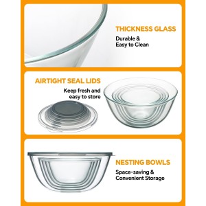 Glass Mixing Bowls with Lids Set of 5(4.78QT,2.2QT,1.7QT,1.1QT,0.85QT),Thick Glass Nesting Bowls for Kitchen Baking,Cooking Prep,Storage,Serving,Large Salad Bowls,Dishwasher Microwave Freezer Safe