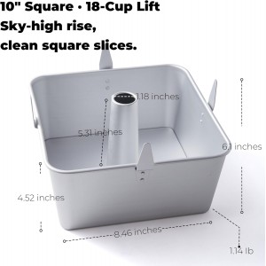 18-Cup Square Tube Cake Pan, 10-Inch Anodized Aluminum Angel Food/Chiffon Pan with Removable Bottom & Cooling Feet, Two-Piece Tall-Sided Tube Pan for Baking Pound Cake
