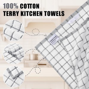 Homaxy Premium Kitchen Towels(16”x 28”, 6 Pack), Large Ring Spun Cotton Dish Towels, Super Absorbent Soft Terry Kitchen Hand Towels, Check Design Tea Towel Set with Hanging Loop, Grey