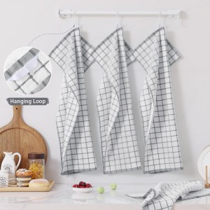Homaxy Premium Kitchen Towels(16”x 28”, 6 Pack), Large Ring Spun Cotton Dish Towels, Super Absorbent Soft Terry Kitchen Hand Towels, Check Design Tea Towel Set with Hanging Loop, Grey