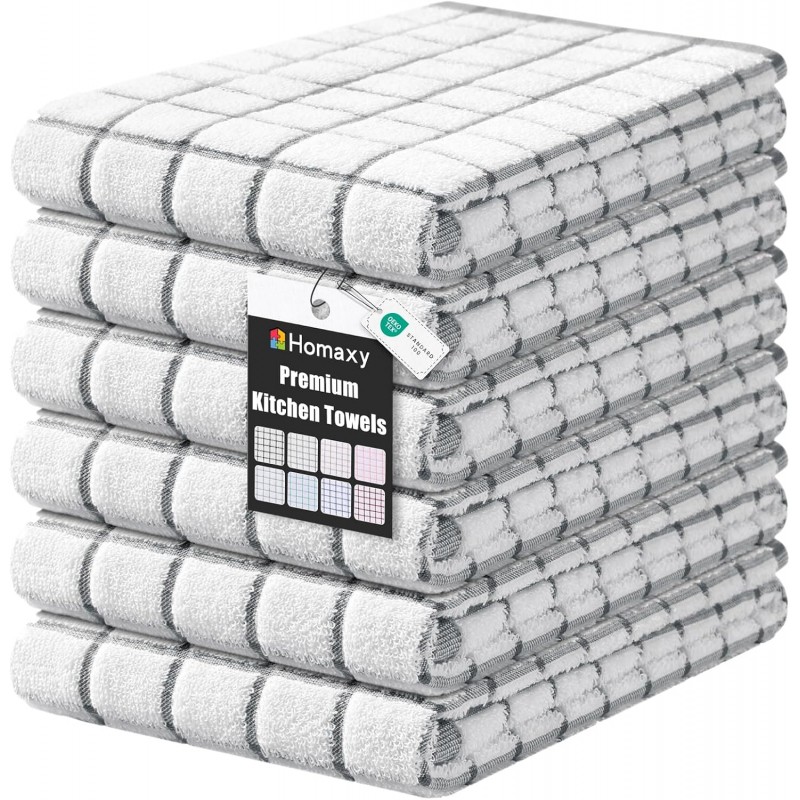 Homaxy Premium Kitchen Towels(16”x 28”, 6 Pack), Large Ring Spun Cotton Dish Towels, Super Absorbent Soft Terry Kitchen Hand Towels, Check Design Tea Towel Set with Hanging Loop, Grey