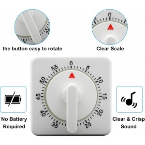 Hitefu 2 Pcs Square 60 Minute Mechanical Kitchen Timer, Visual Cooking Timer with Loud Alarm & No Batteries for Classroom/Home (White)