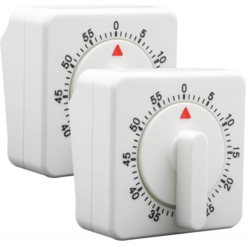 Hitefu 2 Pcs Square 60 Minute Mechanical Kitchen Timer, Visual Cooking Timer with Loud Alarm & No Batteries for Classroom/Home (White)