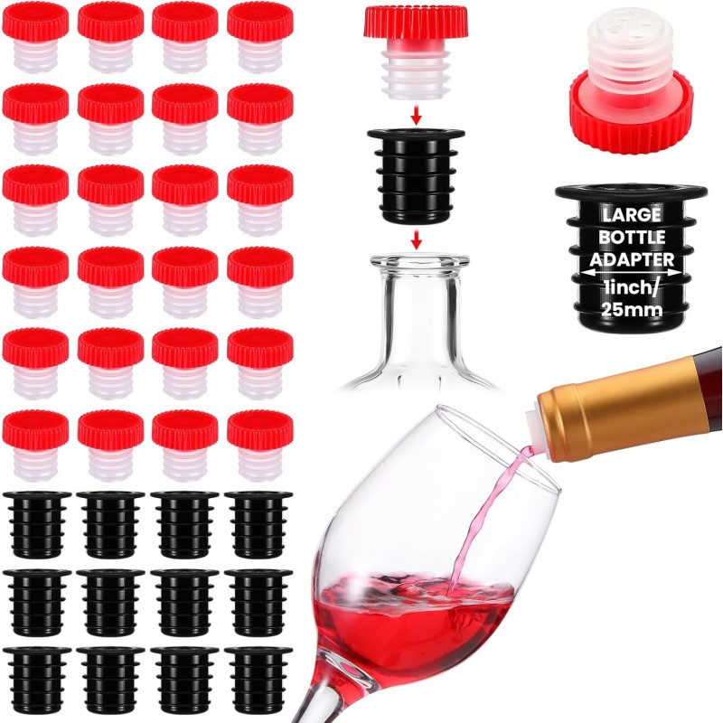 24 Pcs 2 Size Slow Wine Pourer Spout and 12 Pcs Liquor Bottle Pourer Adapters for Corked Wine Bottles Pour and Seal Plastic Pourers with Lid for Storing Precise Pouring