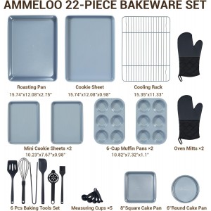 Ammeloo 22-Piece Baking Pans Set Stackable Bakeware Non Stick Baking Set Non Toxic Oven Pans, Including Roasting Pan, Cookie Sheets, Muffin Pans, Cake Pans, Oven Mitts and Utensils(Gray & Stone Black)