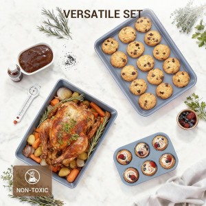 Ammeloo 22-Piece Baking Pans Set Stackable Bakeware Non Stick Baking Set Non Toxic Oven Pans, Including Roasting Pan, Cookie Sheets, Muffin Pans, Cake Pans, Oven Mitts and Utensils(Gray & Stone Black)