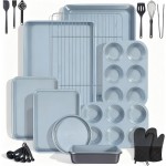 Ammeloo 22-Piece Baking Pans Set Stackable Bakeware Non Stick Baking Set Non Toxic Oven Pans, Including Roasting Pan, Cookie Sheets, Muffin Pans, Cake Pans, Oven Mitts and Utensils(Gray & Stone Black)
