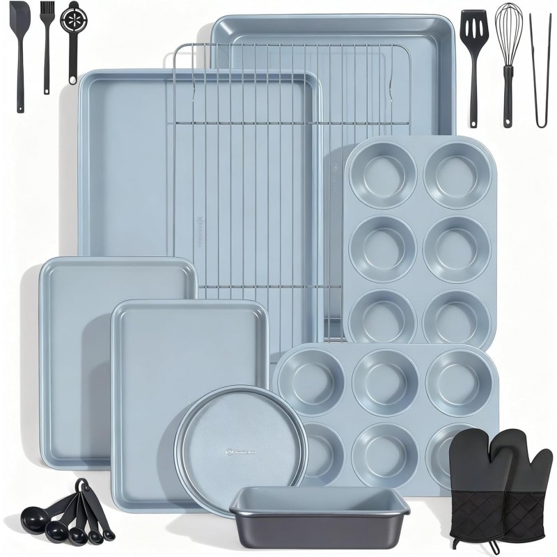 Ammeloo 22-Piece Baking Pans Set Stackable Bakeware Non Stick Baking Set Non Toxic Oven Pans, Including Roasting Pan, Cookie Sheets, Muffin Pans, Cake Pans, Oven Mitts and Utensils(Gray & Stone Black)