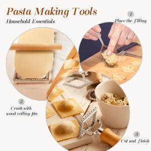 Geetery 5 Pcs Ravioli Mold Set 2.7 Inch Squares Ravioli Maker Cutter Include 1 Raviolis Maker Press 3 Pasta Cutter Stamp Makers 1 Wood Rolling Pin Pasta Making Tool for Home Kitchen Supplies (6 Holes)