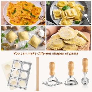 Geetery 5 Pcs Ravioli Mold Set 2.7 Inch Squares Ravioli Maker Cutter Include 1 Raviolis Maker Press 3 Pasta Cutter Stamp Makers 1 Wood Rolling Pin Pasta Making Tool for Home Kitchen Supplies (6 Holes)