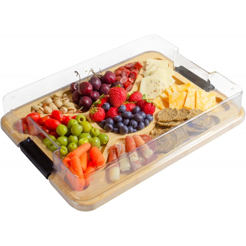 Flip, Serve & Store Charcuterie Board with Lid – Reversible Cutting Board & Serving Tray with Compartments, Juice Groove Side, Locking Travel Cover, 15.5 x 11.5 Inches