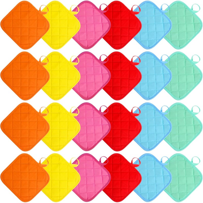 24 Pcs Cotton Pot Holders for Kitchen, Multicolor Square Hot Pads, Thicken Heat Resistant Potholders, Cloth Potholders for Hot, Trivet for Cooking and Baking with Hanging Loops, 6.9 x 6.7 Inch