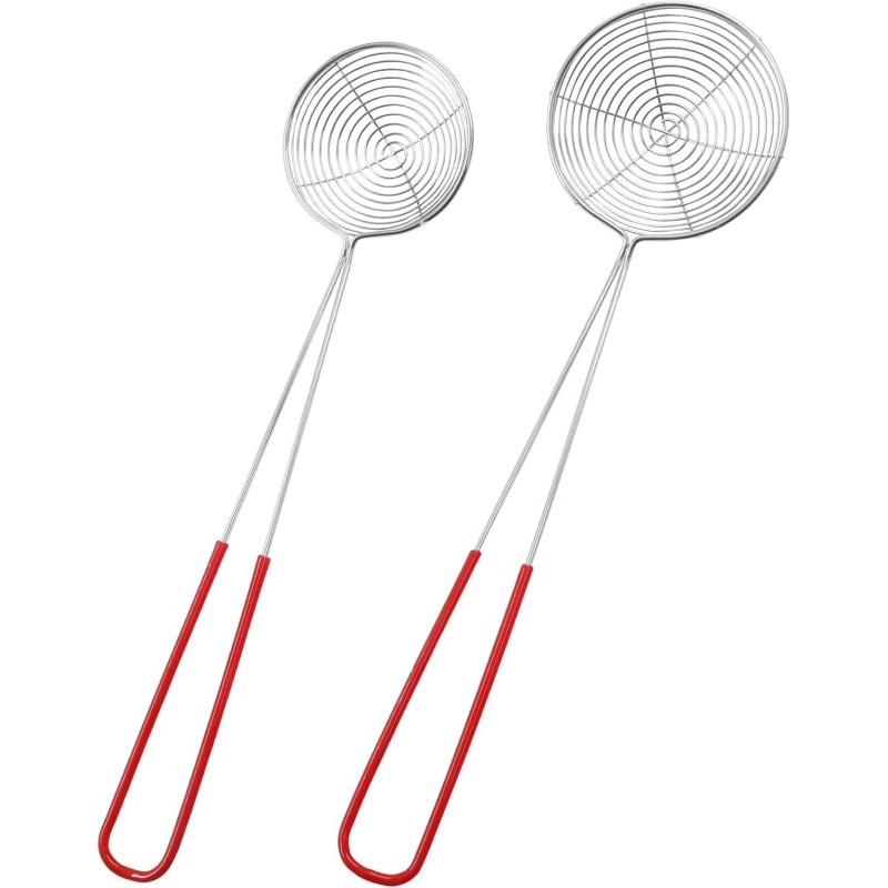 Murtenze 2 Pack Stainless Steel Strainer Spoon, Ladle Wire Cooking Skimmer Spoon, Hot Pot Strainer with Handle for Kitchen Baking Oil Filter, Meatball(2 Sizes, Red)
