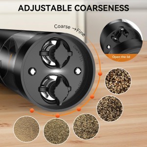 2 in 1 Electric Salt and Pepper Grinder Set, USB Rechargeable, Automatic Salt and Pepper Mill Shakers with Battery Display, LED Light, Adjustable Coarseness Ideal for Kitchen Gift(Black)
