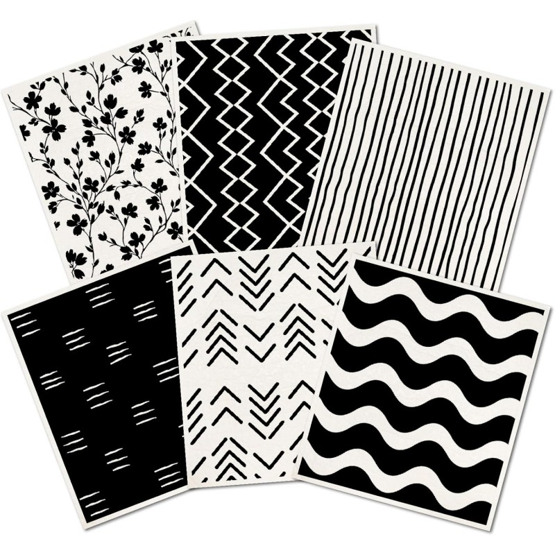 6Pcs 6 Styles Geometric Dish Cloths Swedish Kitchen Dishcloths Reusable Wash Towels Washable Rectangle Cellulose Sponge White and Black Flower Simple Line Mixed Pattern for Kitchen Cleaning
