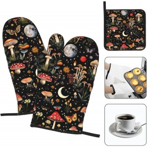 Cute Mushroom Oven Mitts and Pot Holders Sets of 3, Heat Resistant Black Hot Pads Oven Gloves with Hanging Loop for Cooking Grilling Baking, Boho Kitchen Decor, Witchy Gifts for Women Mushroom Lovers