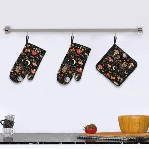 Cute Mushroom Oven Mitts and Pot Holders Sets of 3, Heat Resistant Black Hot Pads Oven Gloves with Hanging Loop for Cooking Grilling Baking, Boho Kitchen Decor, Witchy Gifts for Women Mushroom Lovers