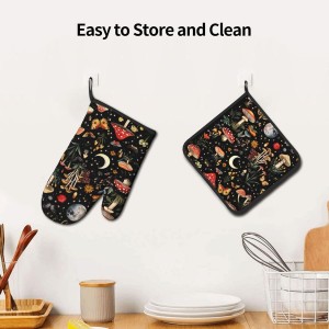 Cute Mushroom Oven Mitts and Pot Holders Sets of 3, Heat Resistant Black Hot Pads Oven Gloves with Hanging Loop for Cooking Grilling Baking, Boho Kitchen Decor, Witchy Gifts for Women Mushroom Lovers