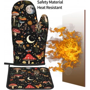 Cute Mushroom Oven Mitts and Pot Holders Sets of 3, Heat Resistant Black Hot Pads Oven Gloves with Hanging Loop for Cooking Grilling Baking, Boho Kitchen Decor, Witchy Gifts for Women Mushroom Lovers