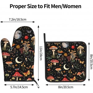 Cute Mushroom Oven Mitts and Pot Holders Sets of 3, Heat Resistant Black Hot Pads Oven Gloves with Hanging Loop for Cooking Grilling Baking, Boho Kitchen Decor, Witchy Gifts for Women Mushroom Lovers