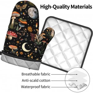 Cute Mushroom Oven Mitts and Pot Holders Sets of 3, Heat Resistant Black Hot Pads Oven Gloves with Hanging Loop for Cooking Grilling Baking, Boho Kitchen Decor, Witchy Gifts for Women Mushroom Lovers