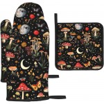 Cute Mushroom Oven Mitts and Pot Holders Sets of 3, Heat Resistant Black Hot Pads Oven Gloves with Hanging Loop for Cooking Grilling Baking, Boho Kitchen Decor, Witchy Gifts for Women Mushroom Lovers