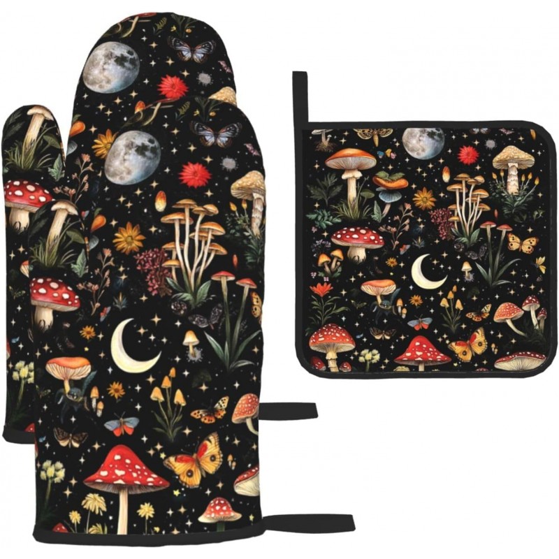 Cute Mushroom Oven Mitts and Pot Holders Sets of 3, Heat Resistant Black Hot Pads Oven Gloves with Hanging Loop for Cooking Grilling Baking, Boho Kitchen Decor, Witchy Gifts for Women Mushroom Lovers