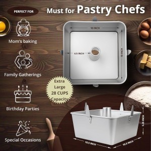 Square Tube Cake Pan, 28-Cup Capacity for 18-Cup Recipes, 10-Inch Anodized Aluminum Angel Food, Chiffon & Pound Cake Pan with Removable Bottom and Cooling Feet